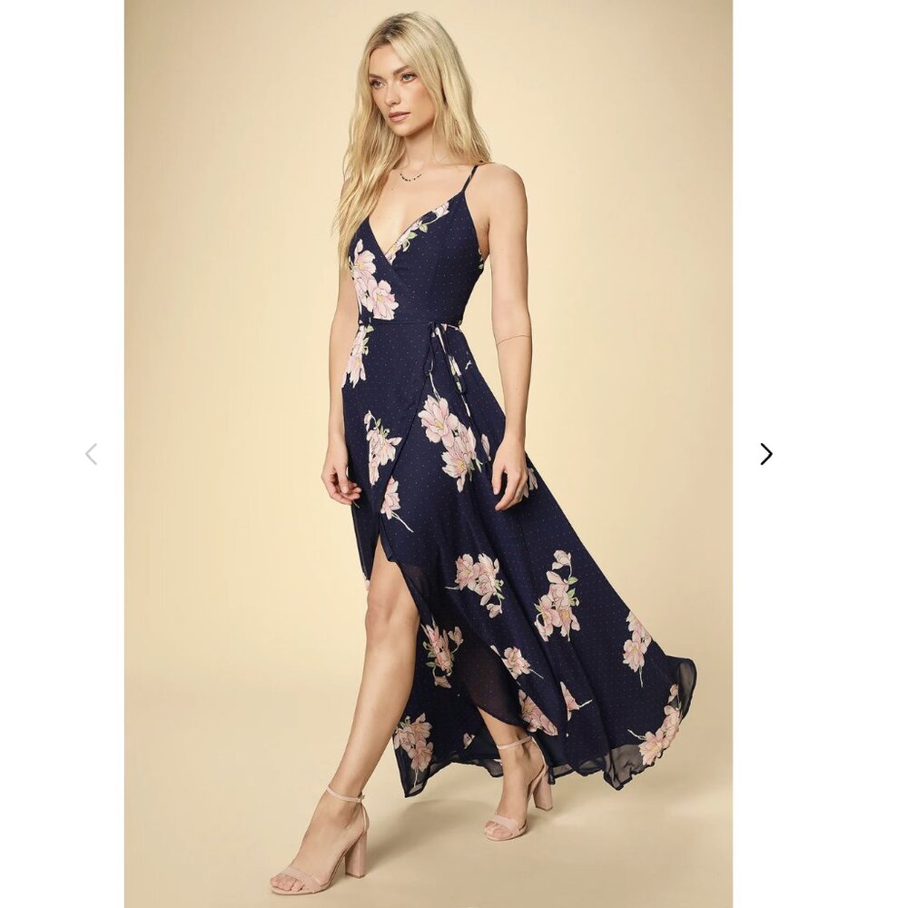 Loiselle Navy Blue Floral Print Polka Dot Wrap Maxi Dress (S)
